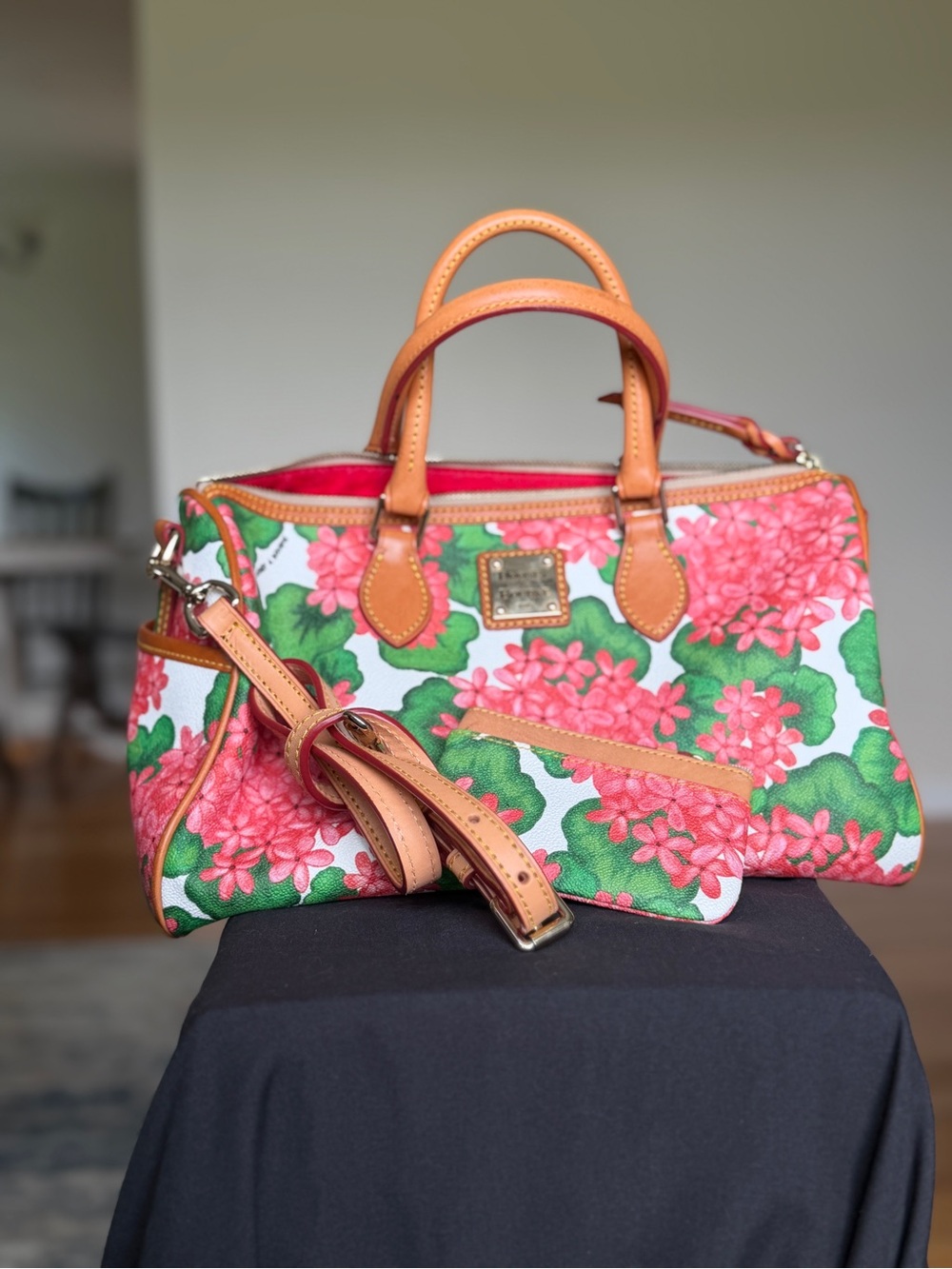 Dooney & Bourke Floral Satchel with Tan Leather Trim & matching coin purse set